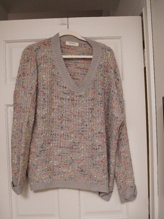 A Beautiful Soul Sweaters - A Beautiful Soul Gray Confetti Tweed V-Neck Sweater Plus Size Small